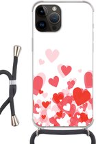Geschikt voorApple Iphone 14 Pro Max - Crossbody Case - Een illustratie van een regen van hartjes - Siliconen - Crossbody - Backcover met Koord - Telefoonhoesje met koord - Hoesje met touw