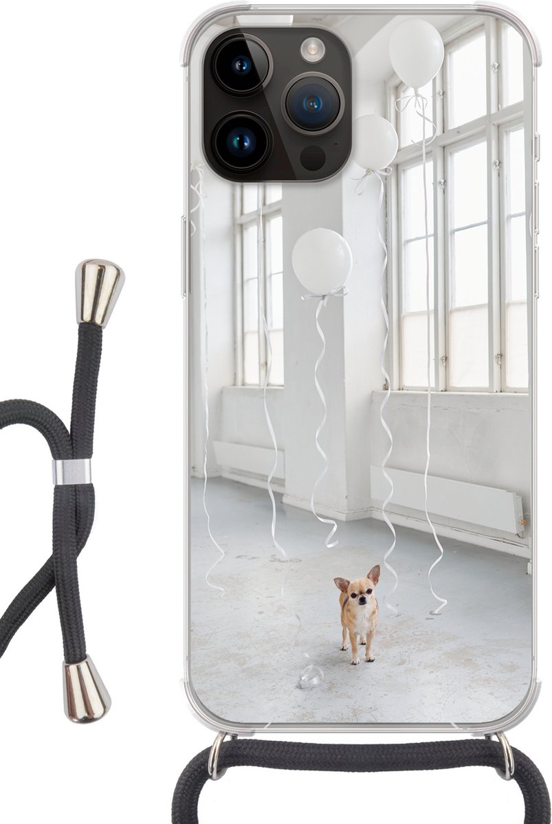 Telefoonhoesje Geschikt voor Apple Iphone 14 Pro Max - Hond - Wit - Ballon - Siliconen - Crossbody - Backcover met Koord - Telefoonhoesje met koord - Hoesje met touw Telefoonhoesje