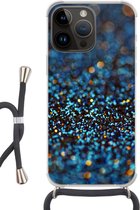 Geschikt voorApple Iphone 14 Pro - Crossbody Case - Glitter - Blauw - Abstract - Design - Siliconen - Crossbody - Backcover met Koord - Telefoonhoesje met koord - Hoesje met touw