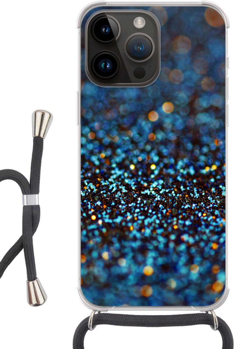 Telefoonhoesje Geschikt voor Apple Iphone 14 Pro - Glitter - Blauw - Abstract - Design - Siliconen - Crossbody - Backcover met Koord - Telefoonhoesje met koord - Hoesje met touw Telefoonhoesje