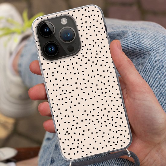 Cordon de téléphone - Chaîne de téléphone - Étui de téléphone Convient pour Apple Iphone 14 Pro - Dot - Beige - Zwart - Siliconen - Bandoulière - Étui de téléphone avec cordon Étui de téléphone