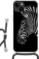Geschikt voorApple Iphone 14 - Crossbody Case - Zebra - Wilde dieren - Zwart - Siliconen - Crossbody - Backcover met Koord - Telefoonhoesje met koord - Hoesje met touw