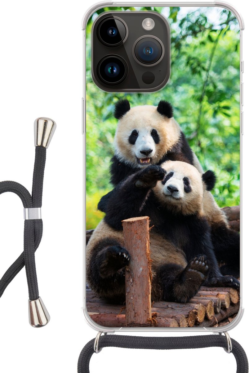 Telefoonhoesje Geschikt voor Apple Iphone 14 Pro - Panda - Brug - Natuur - Siliconen - Crossbody - Backcover met Koord - Telefoonhoesje met koord - Hoesje met touw Telefoonhoesje