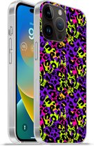 Geschikt voorApple Iphone 14 Pro Max hoesje - Dierenprint - Regenboog - Neon - Siliconen Telefoonhoesje