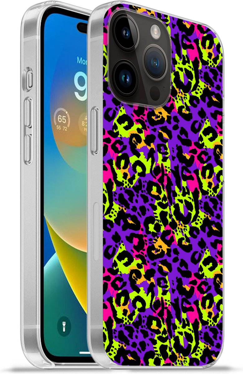 Telefoonhoesje Geschikt voor Apple Iphone 14 Pro Max hoesje - Dierenprint - Regenboog - Neon - Siliconen Telefoonhoesje Telefoonhoesje