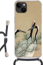 Geschikt voorApple Iphone 14 - Crossbody Case - Bladeren - Kraanvogel - Dieren - Scandinavisch - Japan - Siliconen - Crossbody - Backcover met Koord - Telefoonhoesje met koord - Hoesje met touw