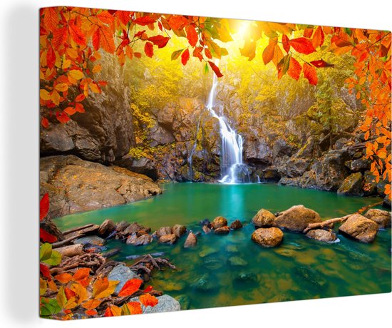 Canvas schilderijen landschappen - Herfst - Waterval - Rots - Canvas schilderij - Kamer decoratie - Foto op canvas - 30x20 cm - Wanddecoratie