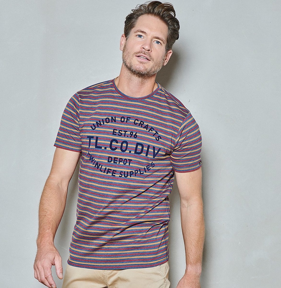 Twinlife Heren sleeve crew stripe art - T-Shirts - Wasbaar - Ademend - Rood - 3XL