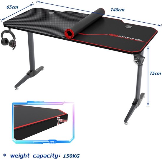 CubiCubi Gamingtafel, 120 x 60 cm, gamingbureau, pc-tafel met hoofdtelefoonhaak en koolstofvezelcoating, ergonomische computertafel, metalen frame, koolstofvezel, zwart