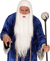 Widmann - Tovenaar & Tovenares & Waarzegster Kostuum - Gandalf Pruik, Tovenaar Met Baard - Wit / Beige - Halloween - Verkleedkleding