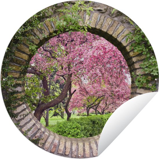 Tuincirkel Doorkijk - Sakura - Bloesem - Japans - 120x120 cm - Ronde Tuinposter - Buiten XXL / Groot formaat!