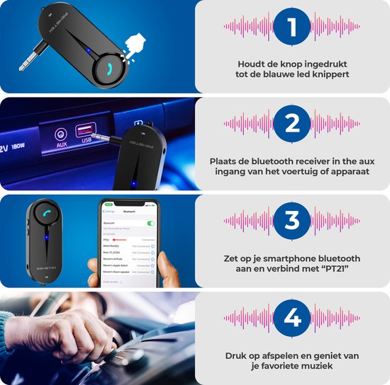 Primetek® Bluetooth Audio Receiver - BT 5.0 - 3.5MM AUX - Carkit - Bluetooth Ontvanger - Audio Adapter Receiver Dongel — afbeelding 3