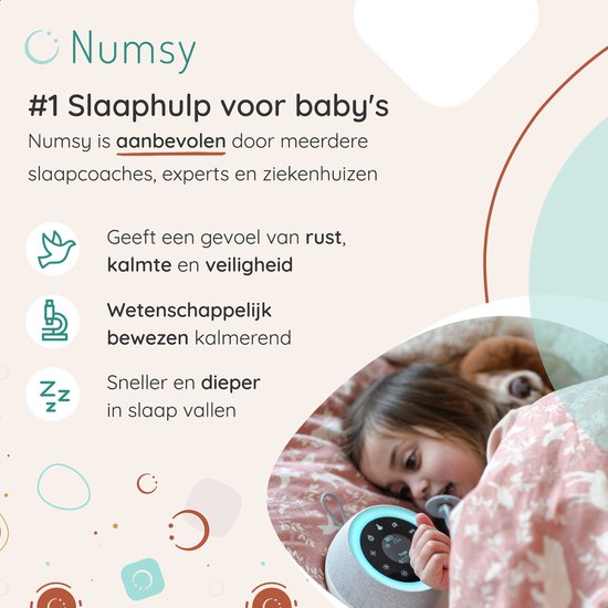 Baby slaapt met Numsy Touch machine. Toont slaapkenmerken en aanbevelingen.