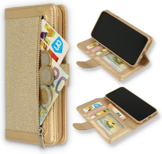 HB Hoesje Geschikt voor Apple iPhone XS Max - Luxe Glitter Portemonnee Book Case met Rits - Goud