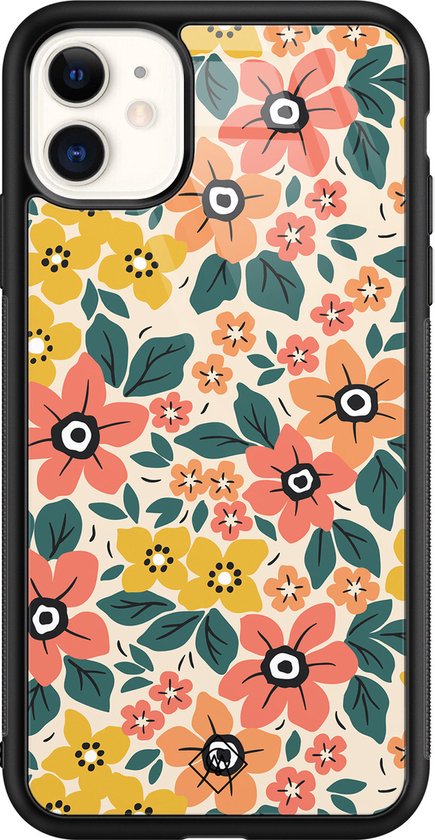 iPhone 11 hoesje glas - Blossom - Multi - Hard Case Zwart - Backcover  telefoonhoesje -... | bol.com
