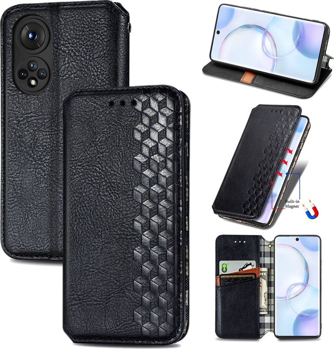 Luxe PU Lederen Ruitpatroon Wallet Case + PMMA Screenprotector voor Honor 50 _ Zwart