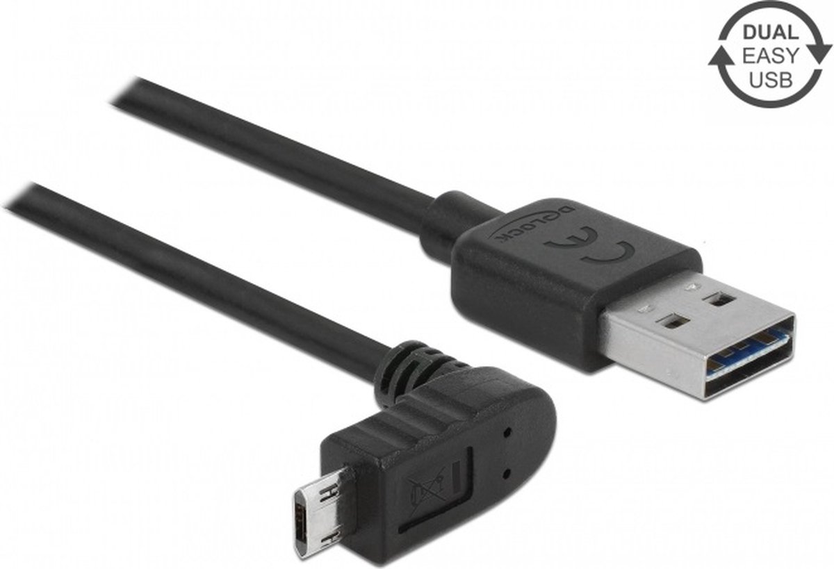 Easy-Micro USB haaks (boven/beneden) naar Easy-USB-A kabel - USB2.0 - tot 2A / zwart - 2 meter