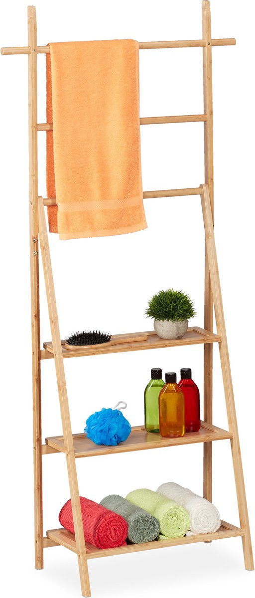 Relaxdays handdoekenrek - 3 vakken & stangen - handdoekhouder - badkamer - bamboe - natuur