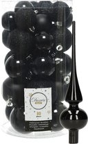 Decoris kerstballen 30x stuks - zwart 4/5/6 cm kunststof mat/glans/glitter mix en shiny glazen piek 26 cm