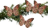 Kerstboom vlinders op clip -18 cm -bruin glitter -2x stuks - kunststof