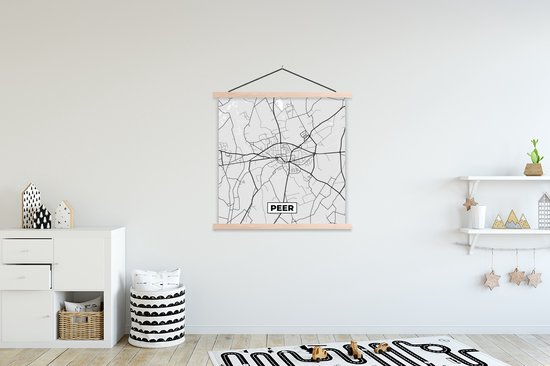 Posterhanger incl. Poster 120x120 cm - Schoolplaat - Stadskaart – Zwart Wit - Kaart – Peer – België – Plattegrond - Textielposter - Blanke latten - Plattegrond