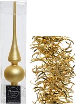 Kerstversiering glazen piek mat 26 cm en golf folieslingers pakket goud van 3x stuks - Kerstboomversiering