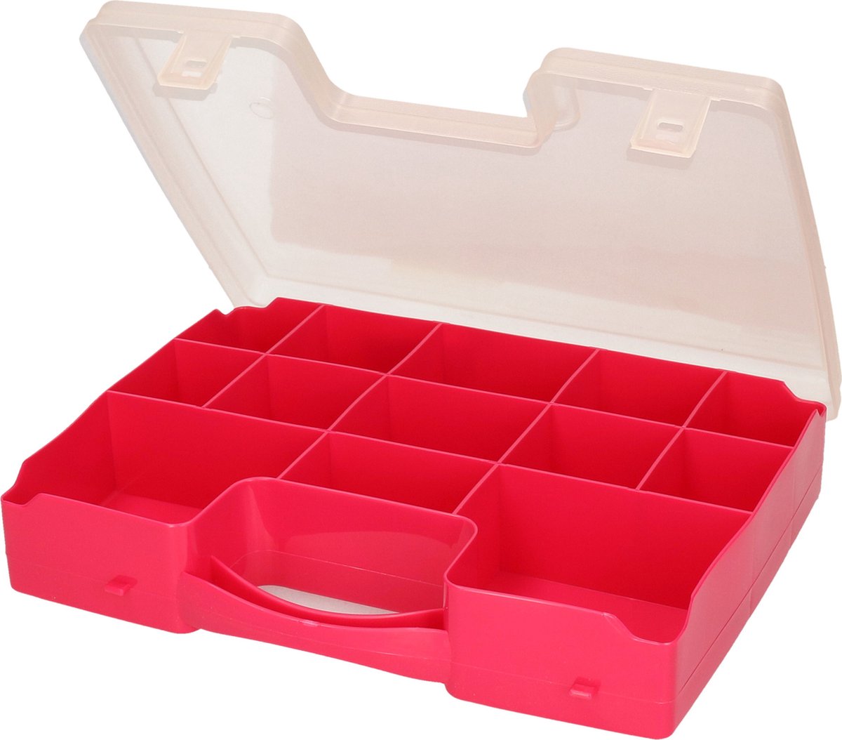 1x Opbergkoffertje/opbergdoosjes 13-vaks - fuchsia roze - Sorteerdoos/box - Opbergers - 27,5 x 20,5 x 3 cm