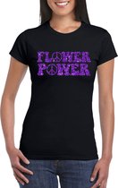 Toppers Zwart Flower Power t-shirt peace tekens met paarse letters dames - Sixties/jaren 60 kleding XS