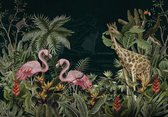 Fotobehangkoning - Behang - Fotobehang - Jungle - Flamingo - Giraffe - Dieren - 152,5 x 104 cm