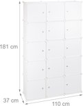 Hoge witte kledingkast van 181 cm hoog, 110 cm breed en 37 cm diep, met 11 vakken.