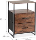 Nachtkastje met houtlook en twee lades, met afmetingen 70 cm hoog, 45 cm breed en 40 cm diep.