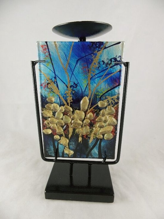 Glazen kandelaar - 24 cm hoog - gekleurd glas Aqua - met standaard - decoratief glaswerk
