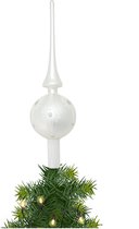 Piek/kerstboom topper - glas - H28 cm - mat wit gedecoreerd - Kerstversiering