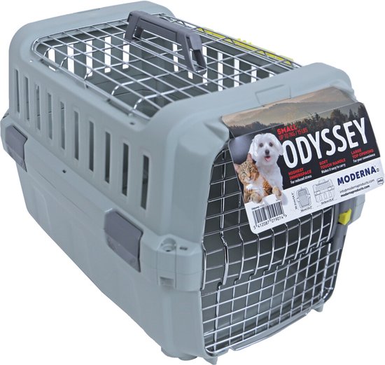 Grijze reismand 'Odyssey', klein, met metalen gaas, handvat en label met hond en kat