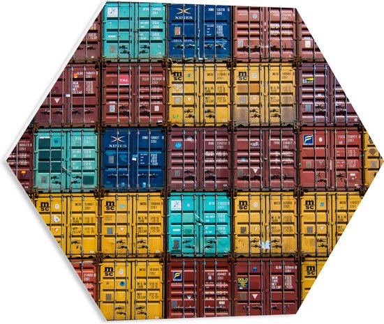 WallClassics - PVC Schuimplaat Hexagon  - Opgestapelde Zeecontainers - 50x43.5 cm Foto op Hexagon (Met Ophangsysteem)