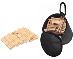Wasknijpers tasje met haak en 100 stuks houten wasknijpers - Was ophangen - handige huishouden artikelen