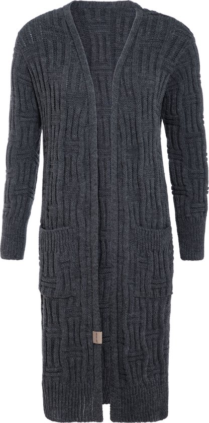 Knit Factory Bobby Lang Gebreid Vest - Cardigan voor de herfst en winter - Donkergrijs damesvest - Lang vest tot over de knie - Grof gebreid vest uit 30% wol en 70% acryl - Antraciet - 40/42 - Met steekzakken