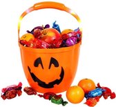 Halloween snoepemmer met licht - Oranje / Zwart - Kunststof - Ø 18,5 x 15,5 cm - Trick or Treat