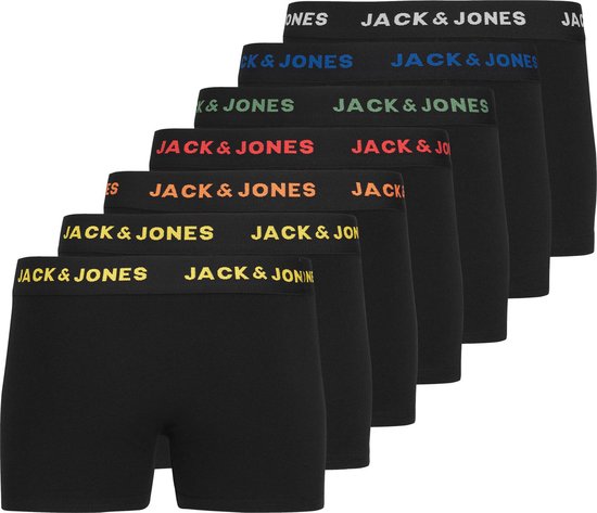 Zeven zwarte jongensboxers met gekleurde 'JACK & JONES' taillebanden: geel, oranje, rood, groen, blauw, wit.