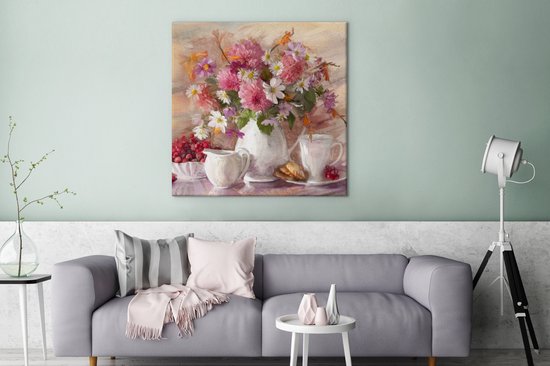 Toile - Peinture - Fleurs - Vase - Huile - 90x90 cm - Décoration murale