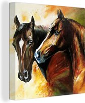 Canvas - Olieverf - Paarden - Dieren - Geel - 90x90 cm - Woondecoratie - Schilderijen op canvas