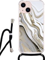 Hoesje met koord - Geschikt voor iPhone 13 - Marmer wit goud - Verstelbaar zwart koord - Transparant, Goud, Wit - Marmer - Leuke Telefoonhoesjes