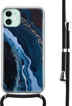 Hoesje met koord - Geschikt voor iPhone 11 - Marmer lagoon blauw - Verstelbaar zwart koord - Transparant, Blauw - Marmer - Leuke Telefoonhoesjes
