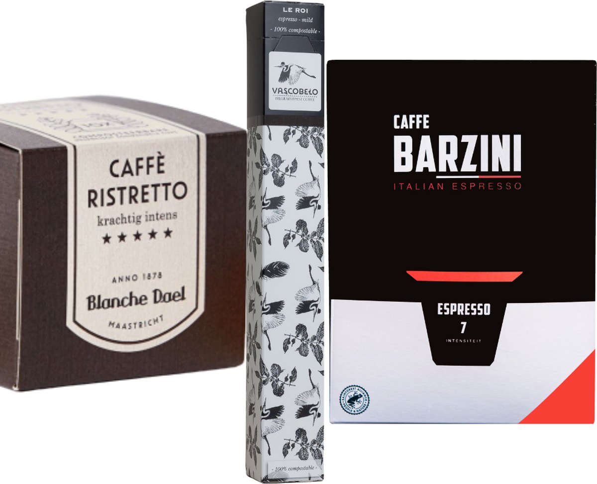 Koffiecups proefpakket Espresso | 100 Cups, Barzini, Vascobelo & Blanche Dael koffie cups geschikt voor Nespresso apparaten