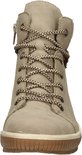 Beige hoge veterschoenen met bruine veters en bruine zolen, van voren gezien.
