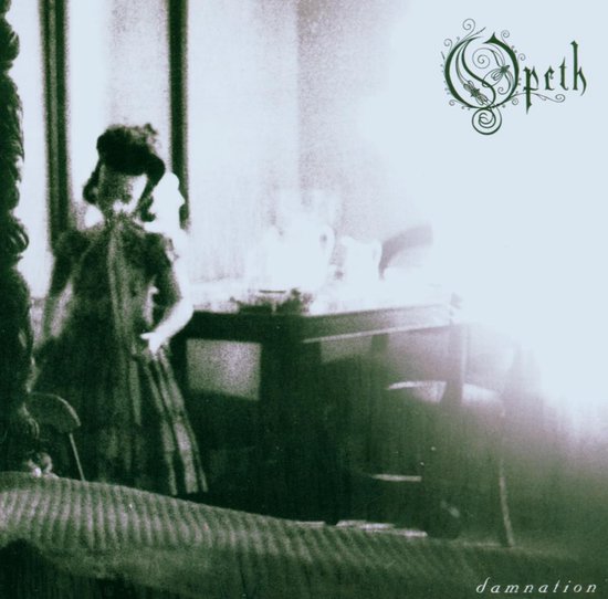 Een vervaagde, sepia-getinte foto van een vrouw in een donkere jurk, zittend in een kamer met een tafel en stoel. Het "Opeth" logo en "damnation" staan rechtsonder.