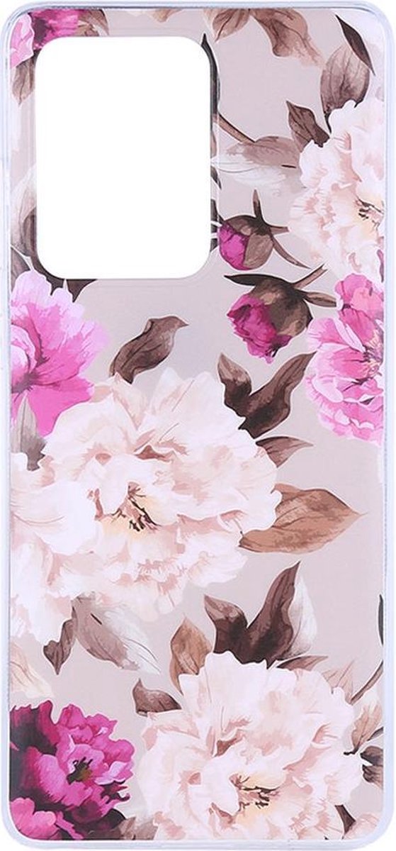Shop4 - Samsung Galaxy S20 Ultra Hoesje - Zachte Back Case Bloemen en Bladeren Roze