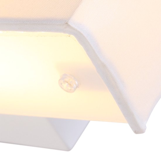 Close-up van de witte stoffen kap van een wandlamp, met een transparante sluiting en zacht verlichte binnenkant.