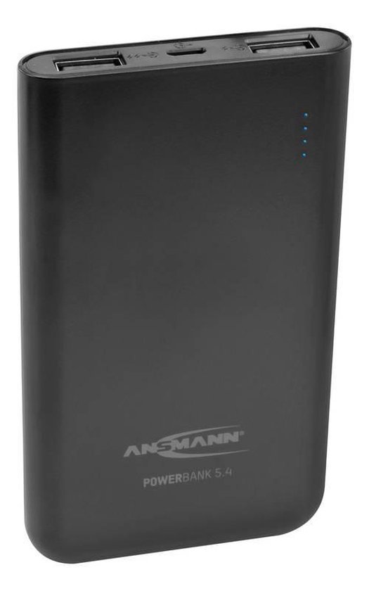 Zwarte Ansmann Powerbank 5.4 met vier blauwe LED-indicatoren.