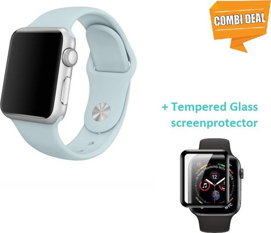 Apple Watch sportband - lichtblauw + glazen screen protector - Afmetingen:  40mm - - M/L | bol.com